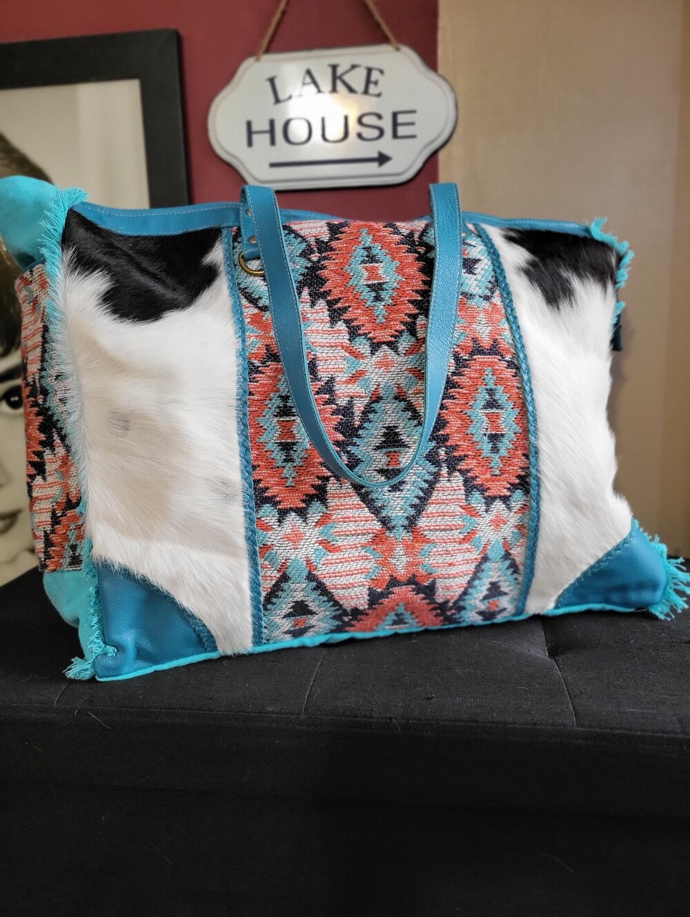MYRA HAIR ON HIDE AND CANVAS OVERNIGHT BAG TEAL